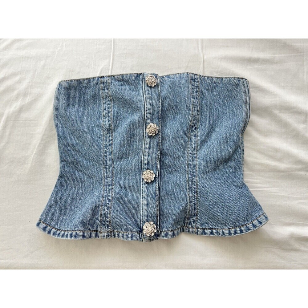 GANNI Rhinestone-Embellished Denim Bustier Blue Size 36 / US 4 Small - Picture 7 of 13